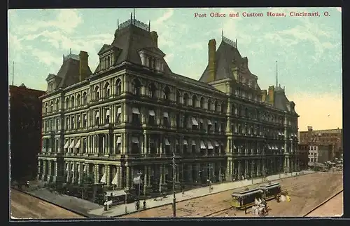 AK Cincinnati, O., Post Office and Custom House, Strassenbahn