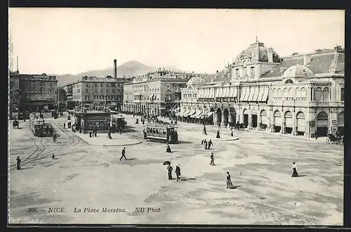 AK Nice, La Place Masséna, Strassenbahn