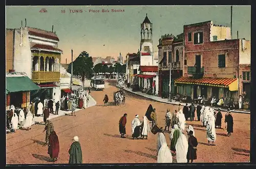 AK Tunis, Place Bab Souika, Strassenbahn in geschäftiger Strasse