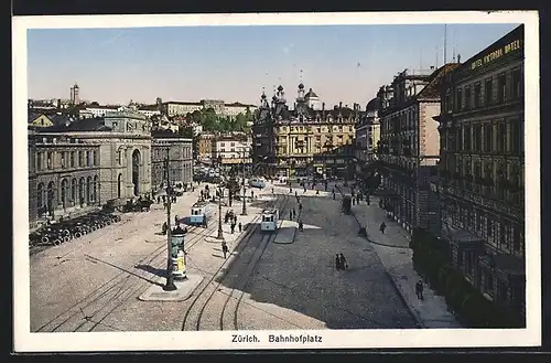 AK Zürich, Bahnhofplatz mit Strassenbahnen aus der Vogelschau