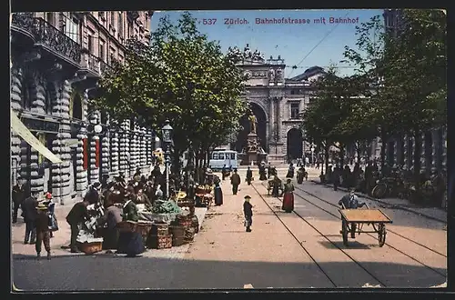 AK Zürich, Strassenbahn in der Bahnhofstrasse