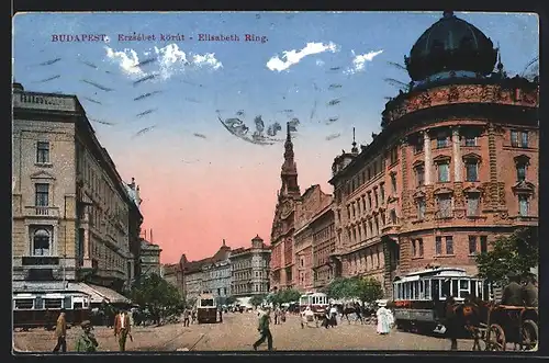 AK Budapest, Elisabeth Ring mit Strassenbahnen und Passanten