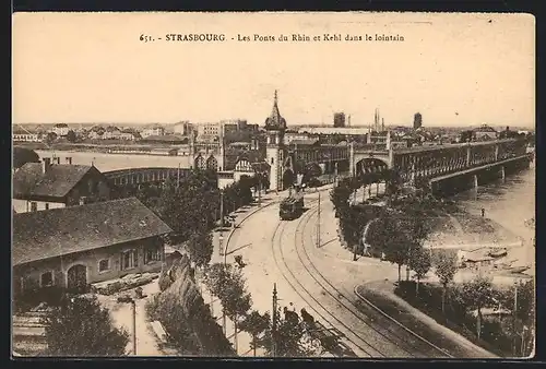 AK Strasbourg, Les Ponts du Rhin et Kehl dans le lointain, Strassenbahn