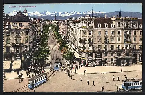 AK Zürich, Bahnhofstrasse mit Hotel National und Strassenbahn