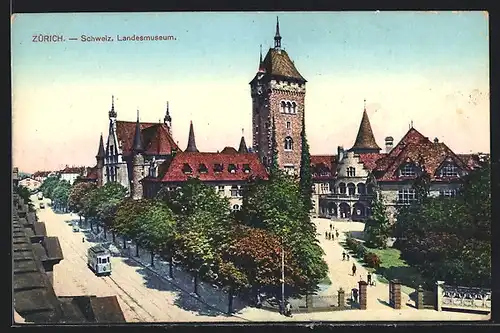 AK Zürich, Schweiz. Landesmuseum mit Anlage und Strassenbahn aus der Vogelschau