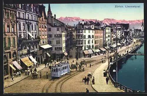 AK Zürich, Strassenbahn am Limmatquai