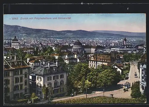 AK Zürich, Ortsansicht mit Polytechnikum und Universität, Strassenbahn