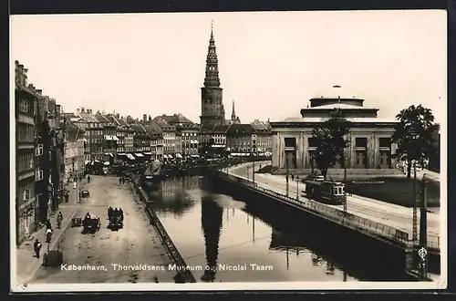 AK Kobenhavn, Thorvaldsens Museum og Nicolai Taarn, Strassenbahn