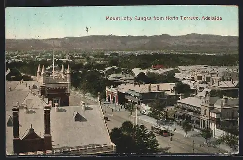 AK Adelaide, Mount Lofty Ranges from North Terrace, Tramway, Strassenbahn