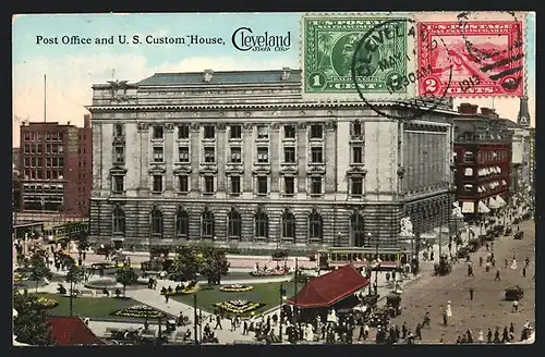 AK Cleveland, Post Office and US Custom House, Tramway, Strassenbahn