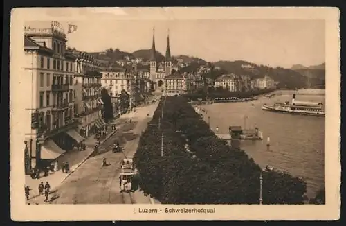 AK Luzern, Strassenbahn auf der Geschäftsstrasse am See mit Rigi