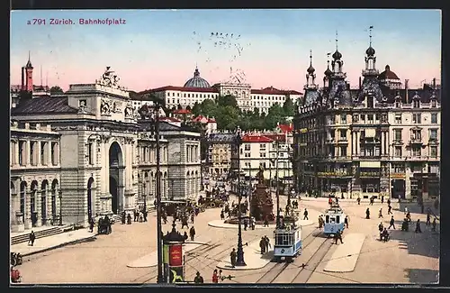 AK Zürich, Strassenbahnen auf dem Bahnhofplatz