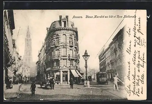 AK Anvers, Vieux Marché aux blés et Rue Nationale, Strassenbahn