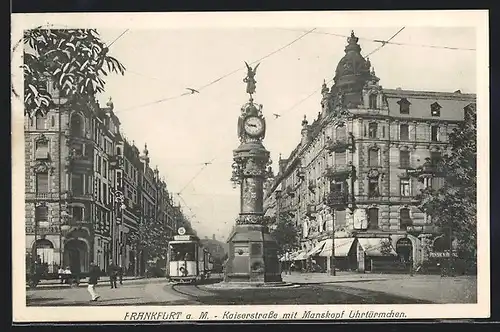 AK Frankfurt a. M., Kaiserstrasse mit Manskopf Uhrtürmchen, Strassenbahn