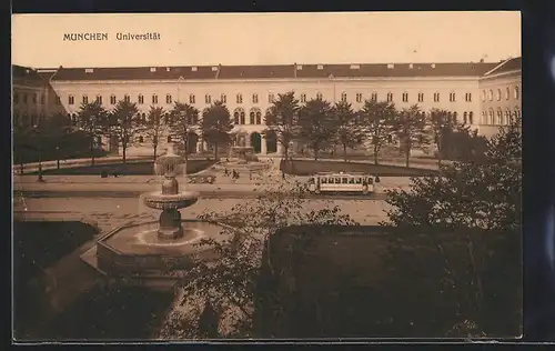 AK München, Universität, Partie mit Wasserspielen und Strassenbahn