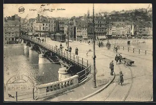 AK Liége, le nouveau pont des Arches, Strassenbahn