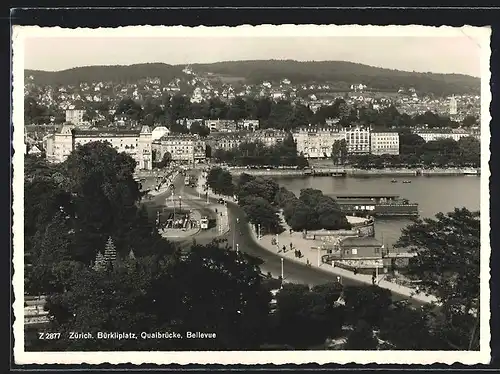 AK Zürich, Strassenbahnen auf Bürkliplatz und Quaibrücke, Bellevue