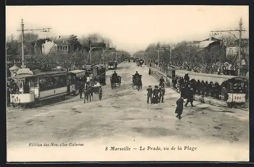 AK Marseille, Le Prado, vu de la Plage, Strassenbahn