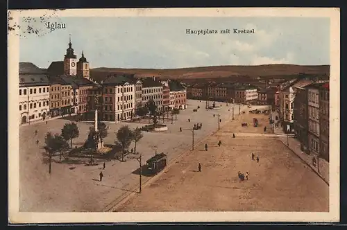 AK Iglau, Hauptplatz mit Kretzel und Strassenbahn