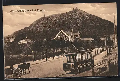 AK Görlitz, Blick auf Landeskrone mit Strassenbahn