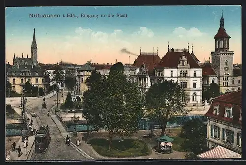 AK Mülhausen i. E., Eingang in die Stadt, Strassenbahn