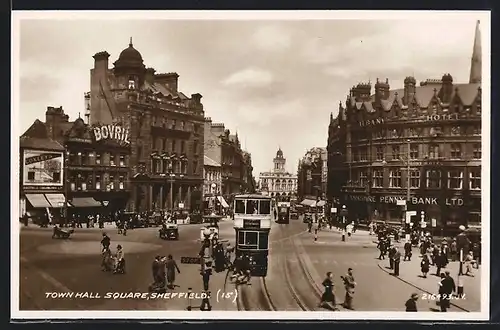 AK Sheffield, Town Hall Square, Strassenbahn