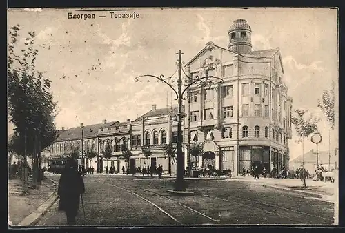 AK Belgrad, Strassenpartie mit Strassenbahn