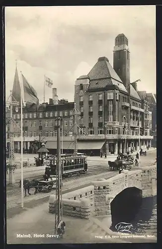 AK Malmö, Hotel Savoy, Strassenbahn