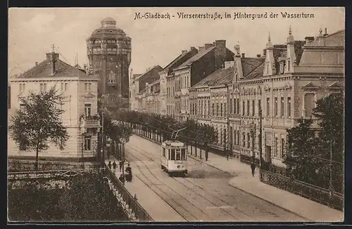 AK M.-Gladbach, Strassenbahn in der Viersenerstrasse, im Hintergrund der Wasserturm