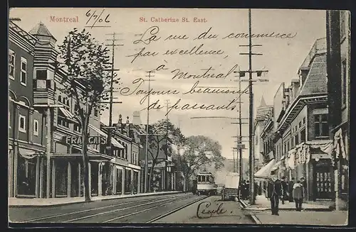 AK Montreal, St. Catherine St. East, Tramway, Strassenbahn