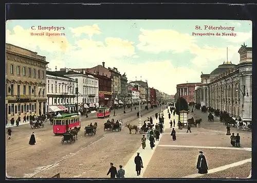 AK St. Pétersbourg, Perspective de Nevsky, Strassenbahnen