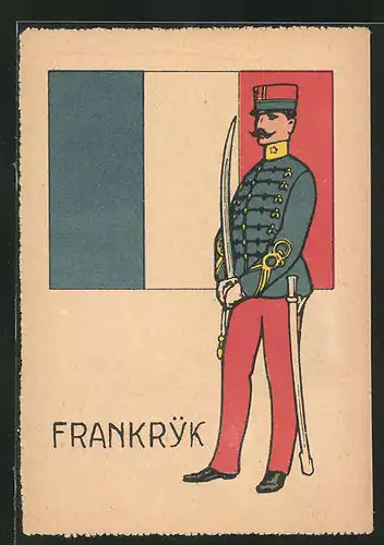 Künstler-AK Frankryk, Französischer Soldat mit Säbel und Flagge