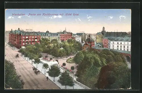 AK Wiesbaden, Partie am Kochbrunnen mit Hotel Rose