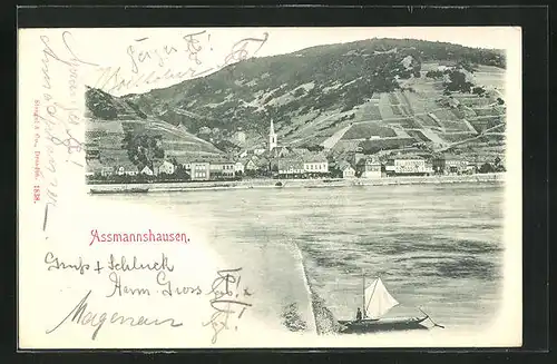 AK Assmannshausen, Blick über den See zum Ort mit Kirche