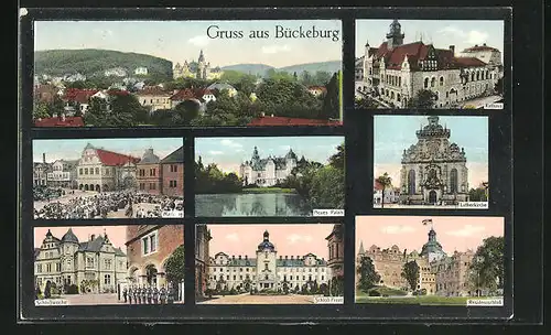 AK Bückeburg, Mehrfachansichten, Rathaus, Lutherkirche, Schlosswache