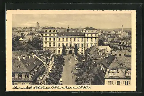 AK Darmstadt, Blick auf Rheinstrasse und Schloss