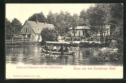 AK Bad Meinberg, Gasthof Silbermühle bei Horn Externsteine, Ruderboot