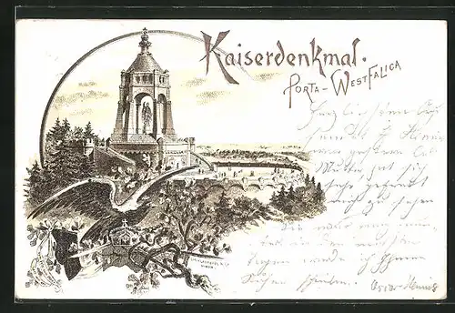 Lithographie Porta Westfalica, Kaiserdenkmal