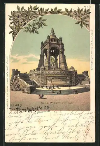 Lithographie Porta Westfalica i. W., Passanten vor dem Kaiser Wilhelm-Denkmal
