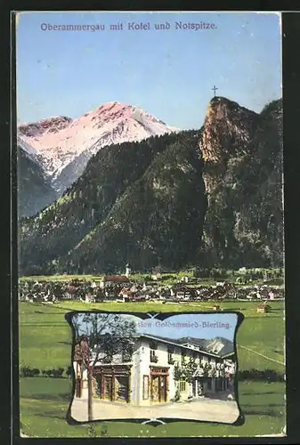 AK Oberammergau, Hotel Goldschmied-Bierling und Ortspanorama