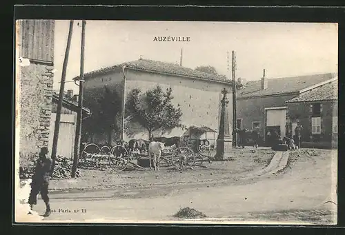 AK Auzeville, Ortspartie mit Pferden