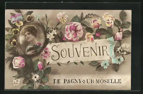 AK Pagny-sur-Moselle, Frauenportrait und Blumen