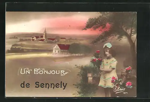 AK Sellenly, Un Bonjour, Landschaftsbild und Mädchen mit Blumen
