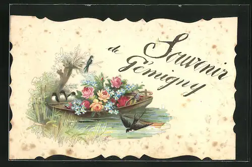 Präge-AK Gemigny, schöne Blumen und kleine Vögel in einem Kanu