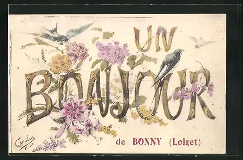 AK Bonny, Un Bonjour, Blumen und Vögel
