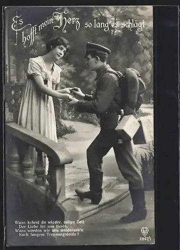 Foto-AK HB: Es hofft mein Herz..., Soldat beim Abschied von der Geliebten