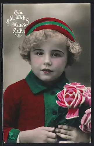 Foto-AK HB: Blondes Kind mit Blumenstrauss, Neujahrsgruss