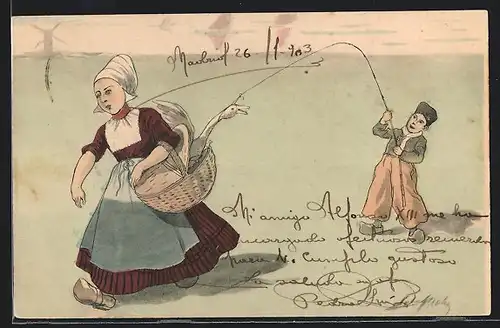 Künstler-AK Junge angelt eine Gans aus dem Korb eines Mädchens in Tracht
