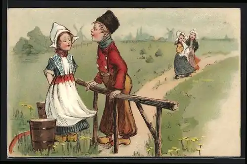 Künstler-AK niederländische Kinder in Tracht mit Windmühle