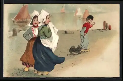 Künstler-AK Kinder in niederländischer Tracht am Strand
